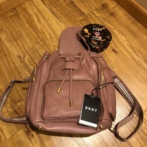 DKNY Mauve Leather Drawstring Backpack with Gold Hardware